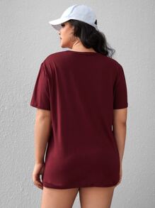 SHEIN Essnce Plus Slogan & Cat Print Tee - Maroon - View 2