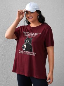 SHEIN Essnce Plus Slogan & Cat Print Tee - Maroon - View 3