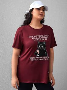 SHEIN Essnce Plus Slogan & Cat Print Tee - Maroon - View 4