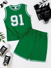 Boys Letter Graphic Striped Trim Tank Top & Shorts - Green - View 1