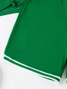 Boys Letter Graphic Striped Trim Tank Top & Shorts - Green - View 4