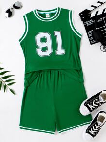 Boys Letter Graphic Striped Trim Tank Top & Shorts - Green - View 5