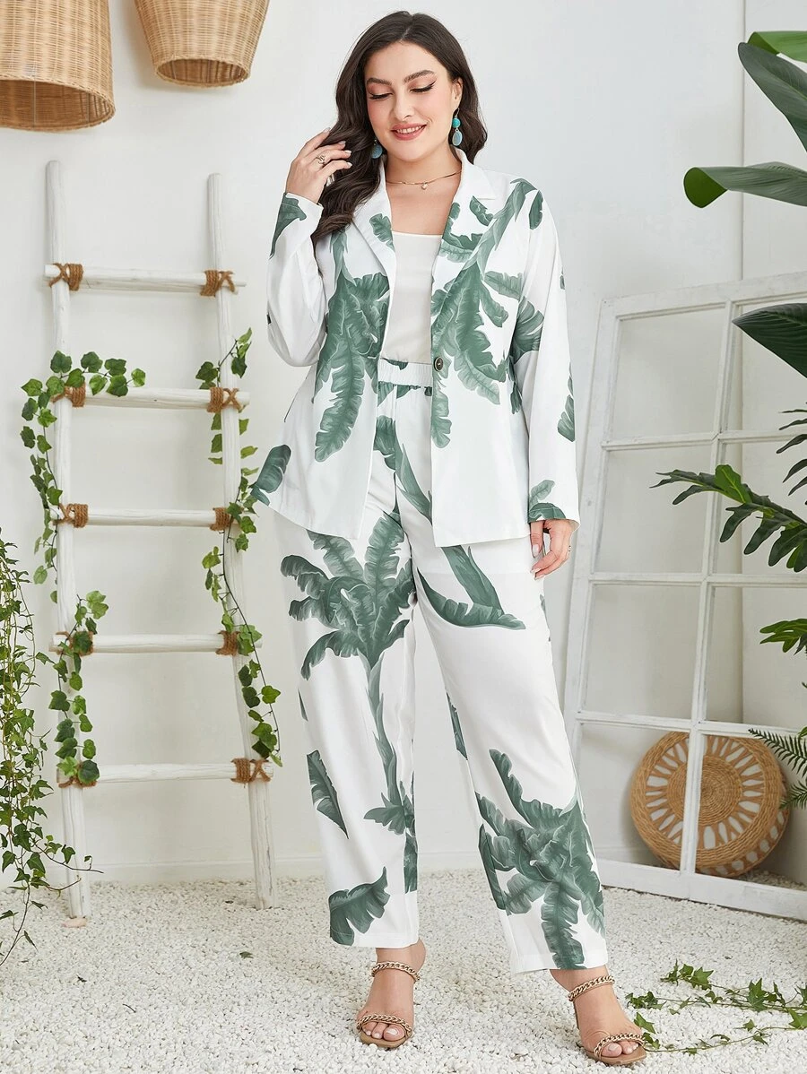 Mulvari 大碼熱帶圖案西裝外套和高腰長褲 - 彩色 - 查看 1