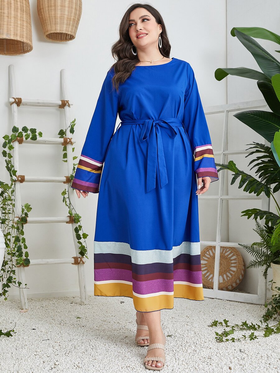 Mulvari Plus Block Striped Belted Dress - Royal Blue - View 1