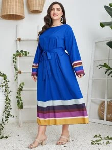 Mulvari Plus Block Striped Belted Dress - Royal Blue - View 3