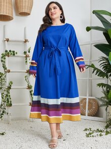 Mulvari Plus Block Striped Belted Dress - Royal Blue - View 4