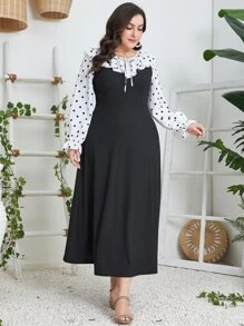 Modelyn Plus Polka Dot Tie Neck Ruffle Trim Flounce Sleeve Dress - Black - View 1