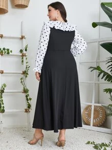 Modelyn Plus Polka Dot Tie Neck Ruffle Trim Flounce Sleeve Dress - Black - View 2