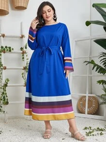 Mulvari Plus Block Striped Belted Dress - Royal Blue - View 5