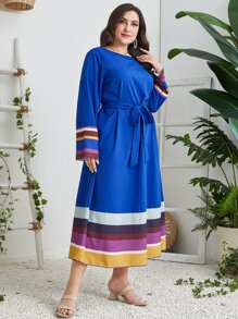 Mulvari Plus Block Striped Belted Dress - Royal Blue - View 6