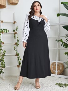Modelyn Plus Polka Dot Tie Neck Ruffle Trim Flounce Sleeve Dress - Black - View 3
