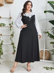 Modelyn Plus Polka Dot Tie Neck Ruffle Trim Flounce Sleeve Dress - Black - View 4