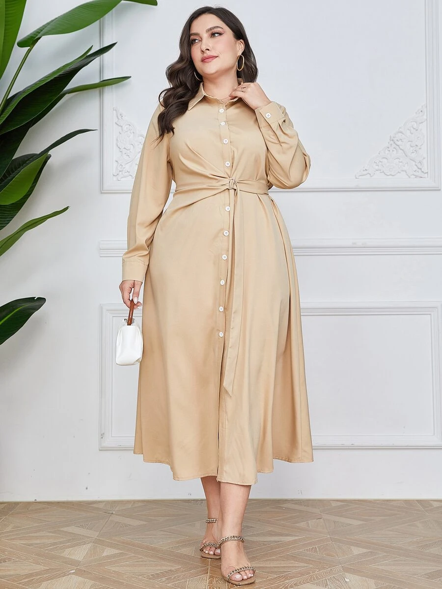Mulvari Plus Belted Front Shirt Dress - Beige - View 1