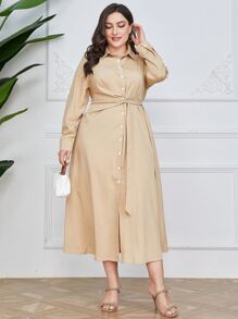 Mulvari Plus Belted Front Shirt Dress - Beige - View 3