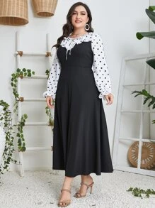 Modelyn Plus Polka Dot Tie Neck Ruffle Trim Flounce Sleeve Dress - Black - View 6