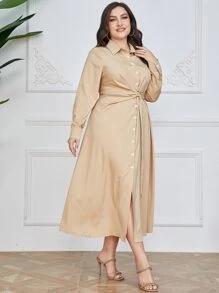 Mulvari Plus Belted Front Shirt Dress - Beige - View 4