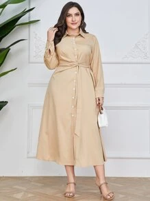 Mulvari Plus Belted Front Shirt Dress - Beige - View 6