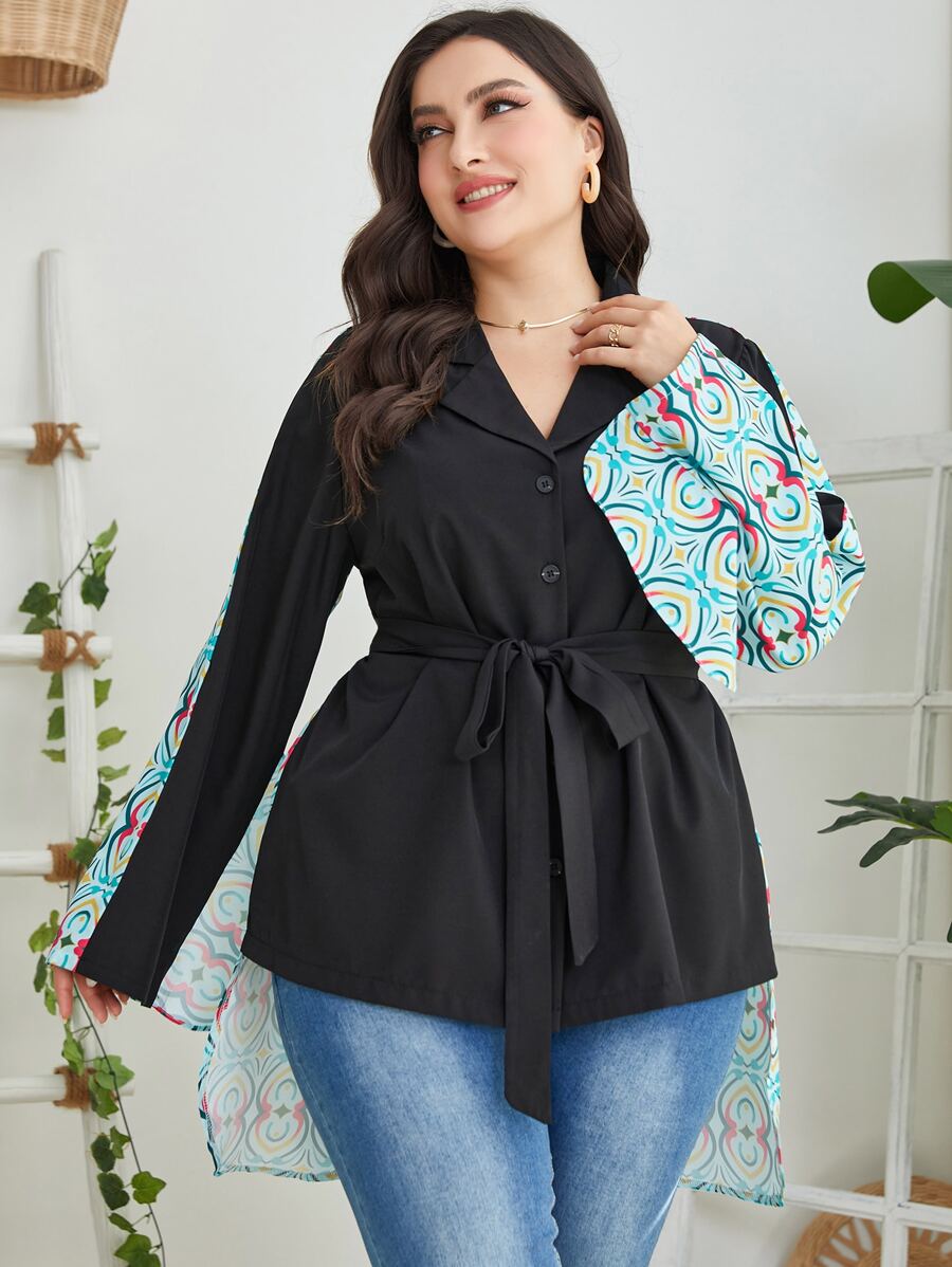 Mulvari Plus Geo Print High Low Belted Shirt - Multicolor - View 1