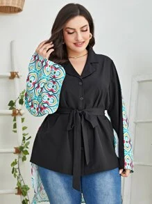 Mulvari Plus Geo Print High Low Belted Shirt - Multicolor - View 3