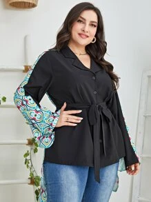 Mulvari Plus Geo Print High Low Belted Shirt - Multicolor - View 4