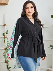 Mulvari Plus Geo Print High Low Belted Shirt - Multicolor - View 5