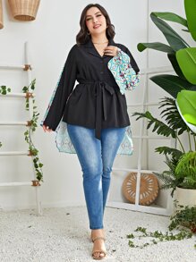 Mulvari Plus Geo Print High Low Belted Shirt - Multicolor - View 6