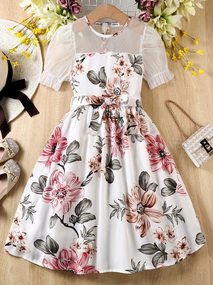 SHEIN Girls 花柄プリント コントラストメッシュ パフスリーブ