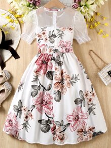 SHEIN Girls Floral Print Contrast Mesh Puff Sleeve Dress - White - View 2