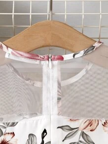 SHEIN Girls Floral Print Contrast Mesh Puff Sleeve Dress - White - View 3