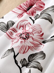 SHEIN Girls Floral Print Contrast Mesh Puff Sleeve Dress - White - View 4