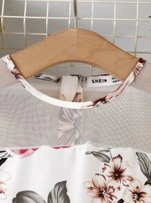 SHEIN Girls Floral Print Contrast Mesh Puff Sleeve Dress - White - View 5