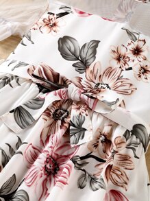 SHEIN Girls Floral Print Contrast Mesh Puff Sleeve Dress - White - View 7