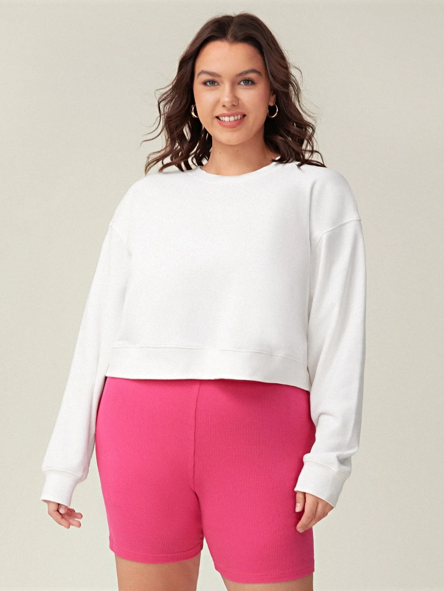 SHEIN BASICS Plus Drop Shoulder Crop Pullover - White - View 1