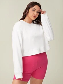 SHEIN BASICS Plus Drop Shoulder Crop Pullover - White - View 4