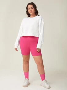 SHEIN BASICS Plus Drop Shoulder Crop Pullover - White - View 5