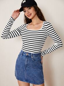 SHEIN BASICS Striped Scoop Neck Tee - Black and White - View 1