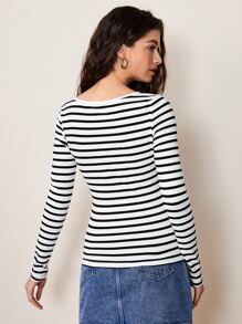 SHEIN BASICS Striped Scoop Neck Tee - Black and White - View 2
