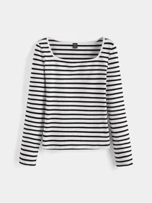 SHEIN BASICS Striped Scoop Neck Tee - Black and White - View 5
