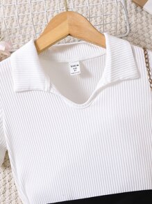 SHEIN 女孩條紋針織T恤和前紐扣不對稱半身裙 - 黑與白 - 查看 5