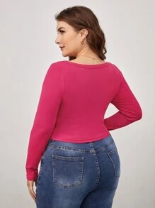 SHEIN BASICS Plus Solid V-Neck Crop Tee - Red Violet - View 2