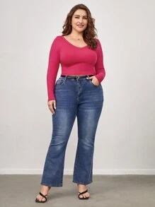 SHEIN BASICS Plus Solid V-Neck Crop Tee - Red Violet - View 3