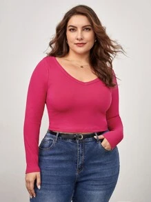SHEIN BASICS Plus Solid V-Neck Crop Tee - Red Violet - View 4