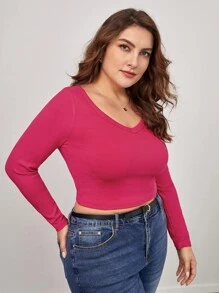 SHEIN BASICS Plus Solid V-Neck Crop Tee - Red Violet - View 5