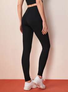 SHEIN BASICS Solid Ribbed Knit Leggings - Black - View 2