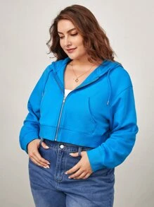 SHEIN BASICS Plus Solid Zip Up Hoodie - Blue - View 3