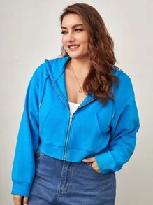 SHEIN BASICS Plus Solid Zip Up Hoodie - Blue - View 4