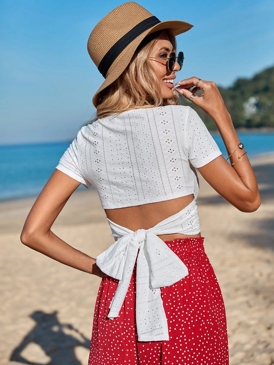 SHEIN VCAY Tie Back Eyelet Embroidered Crop Top - White - View 1