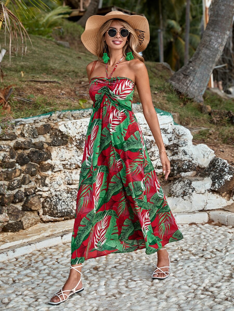 SHEIN VCAY Tropical Print Knotted Backless Dress - Multicolor - View 1