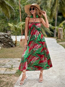 SHEIN VCAY Tropical Print Knotted Backless Dress - Multicolor - View 6