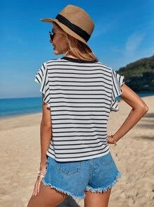 SHEIN LUNE 條紋圖案拼接邊T恤 - 白色 - 查看 2